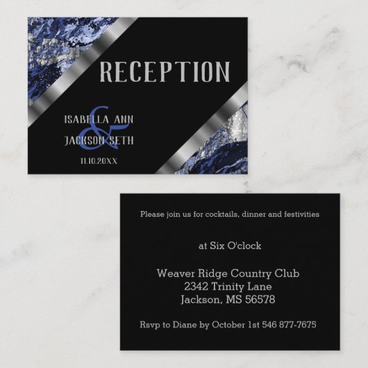 Donkerblauw en Zilver Marmer - Receptie Informatiekaartje (Voorkant / Achterkant)