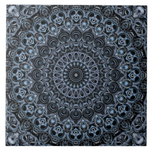 Donkerblauw en zwart Mandala patroonontwerp Tegeltje