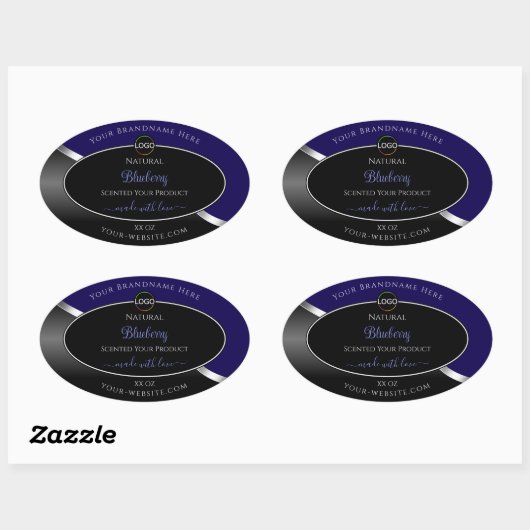Donkerblauw en zwart Wavy Silver Logo Product Labe Ovale Sticker (Vel)