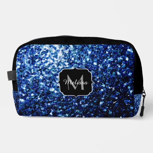 Donkerblauw faux glitter fonkelt zwart Monogram Toilettasje (Voorkant)