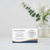 Donkerblauw faux golden wave custom logo visitekaartje (Staand voorkant)
