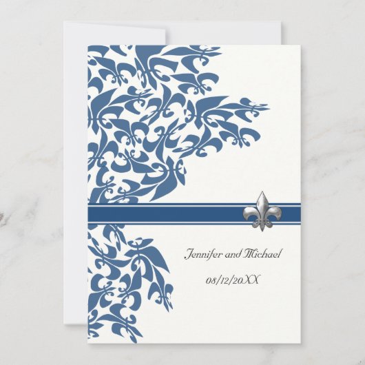 Donkerblauw Fleur de Lis Design Wedding Invite Kaart (Voorkant)