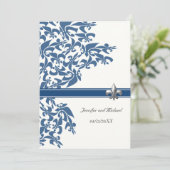 Donkerblauw Fleur de Lis Design Wedding Invite Kaart (Staand voorkant)