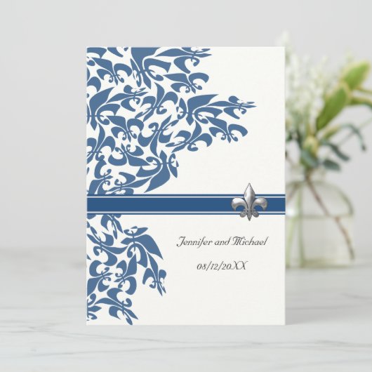Donkerblauw Fleur de Lis Design Wedding Invite Kaart (Staand voorkant)
