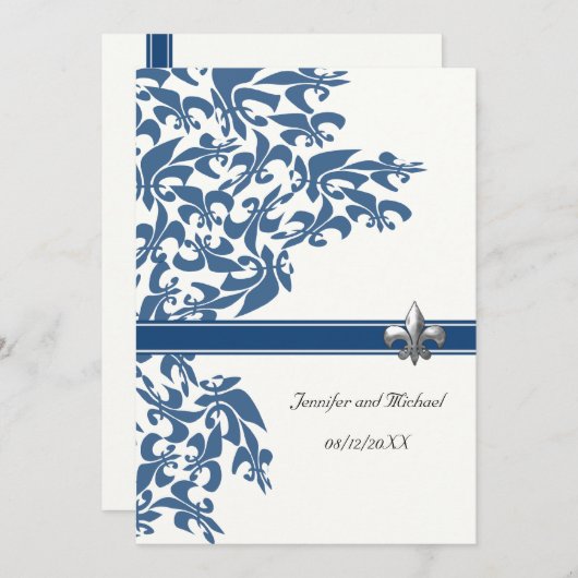 Donkerblauw Fleur de Lis Design Wedding Invite Kaart (Voorkant / Achterkant)