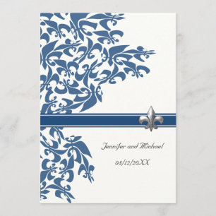 Donkerblauw Fleur de Lis Design Wedding Invite Kaart