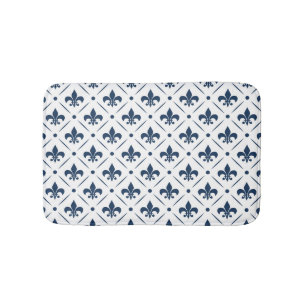 Donkerblauw Fleur De Lis patroon op witte achtergr Badmat