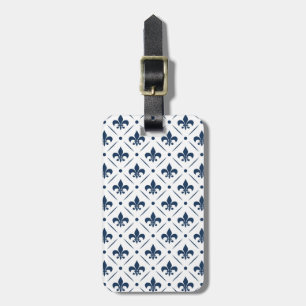 Donkerblauw Fleur De Lis patroon op witte achtergr Bagagelabel