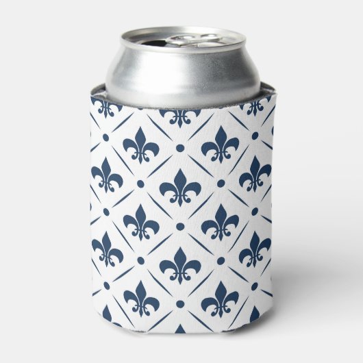 Donkerblauw Fleur De Lis patroon op witte achtergr Blikjeskoeler (Blikje Voorkant)