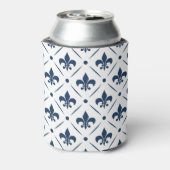 Donkerblauw Fleur De Lis patroon op witte achtergr Blikjeskoeler (Blikje Achterkant)