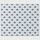 Donkerblauw Fleur De Lis patroon op witte achtergr Cadeaupapier (Vlak)