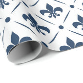 Donkerblauw Fleur De Lis patroon op witte achtergr Cadeaupapier (Rol Hoek)