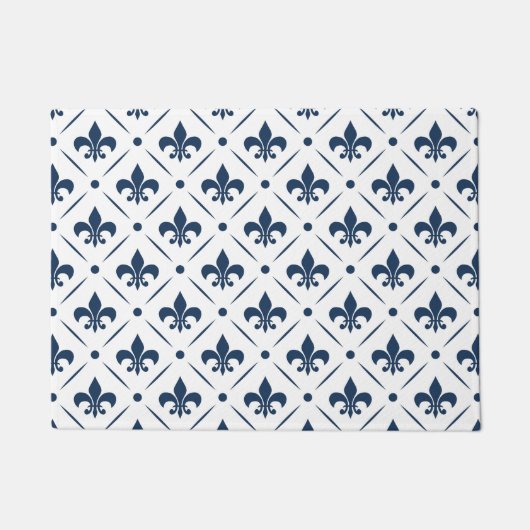 Donkerblauw Fleur De Lis patroon op witte achtergr Deurmat (Voorkant)