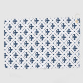Donkerblauw Fleur De Lis patroon op witte achtergr Golfhanddoek (Horizontaal)
