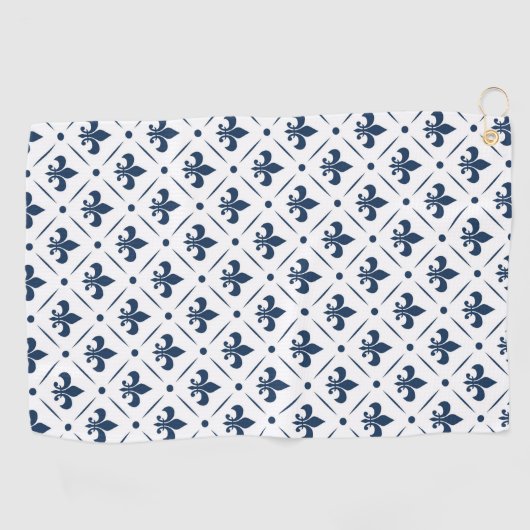 Donkerblauw Fleur De Lis patroon op witte achtergr Golfhanddoek (Horizontaal)