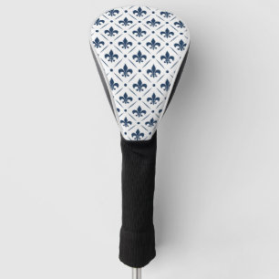Donkerblauw Fleur De Lis patroon op witte achtergr Golfheadcover