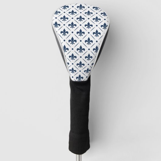 Donkerblauw Fleur De Lis patroon op witte achtergr Golfheadcover (Voorkant)