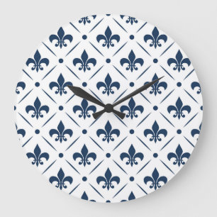 Donkerblauw Fleur De Lis patroon op witte achtergr Grote Klok