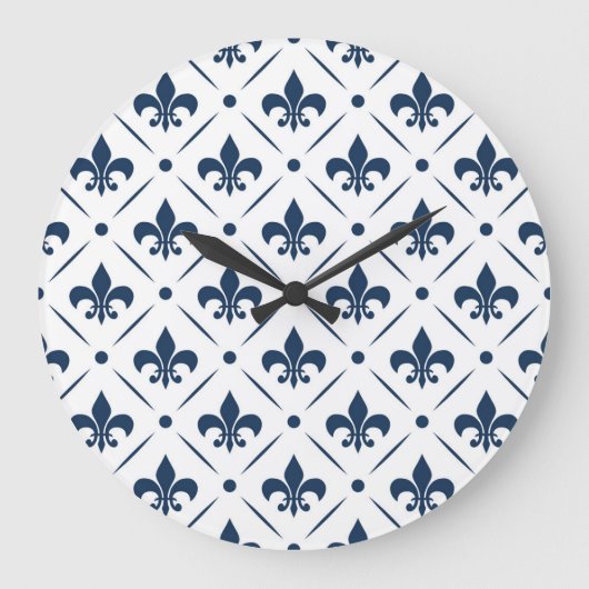 Donkerblauw Fleur De Lis patroon op witte achtergr Grote Klok (Voorkant)