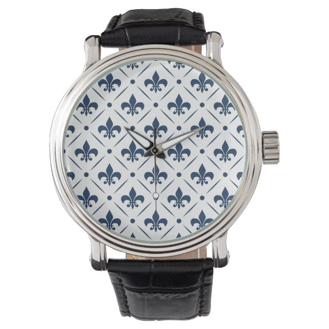 Donkerblauw Fleur De Lis patroon op witte achtergr Horloge (Voorkant)