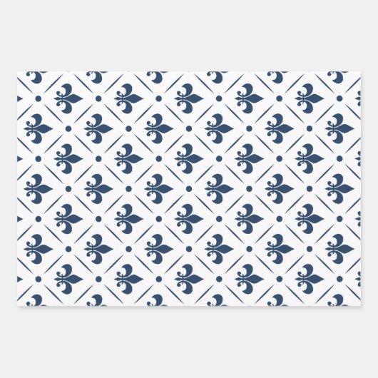 Donkerblauw Fleur De Lis patroon op witte achtergr Inpakpapier Vel (Voorkant 3)