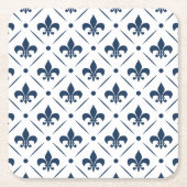 Donkerblauw Fleur De Lis patroon op witte achtergr Kartonnen Onderzetters (Voorkant)