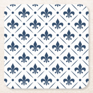 Donkerblauw Fleur De Lis patroon op witte achtergr Kartonnen Onderzetters