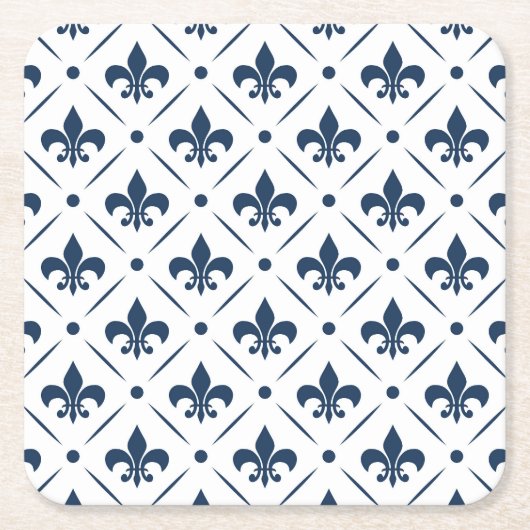 Donkerblauw Fleur De Lis patroon op witte achtergr Kartonnen Onderzetters (Voorkant)