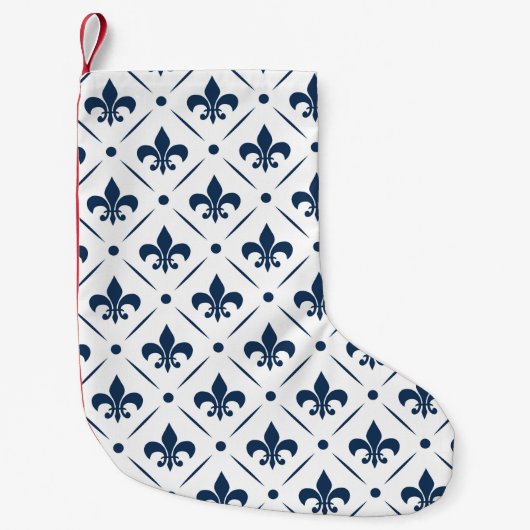Donkerblauw Fleur De Lis patroon op witte achtergr Kleine Kerstsok (Voorkant)