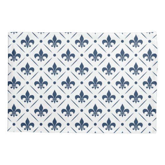 Donkerblauw Fleur De Lis patroon op witte achtergr Kussensloop (Achterkant)