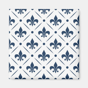 Donkerblauw Fleur De Lis patroon op witte achtergr Magneet