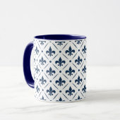 Donkerblauw Fleur De Lis patroon op witte achtergr Mok (Voorkant links)