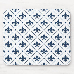 Donkerblauw Fleur De Lis patroon op witte achtergr Muismat