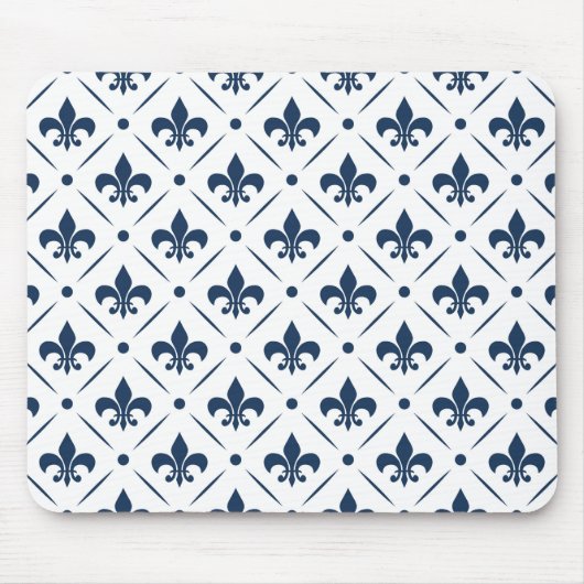 Donkerblauw Fleur De Lis patroon op witte achtergr Muismat (Voorkant)