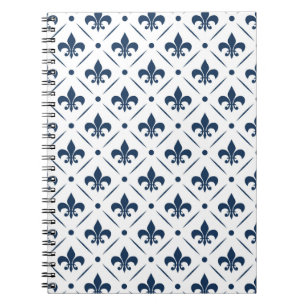 Donkerblauw Fleur De Lis patroon op witte achtergr Notitieboek