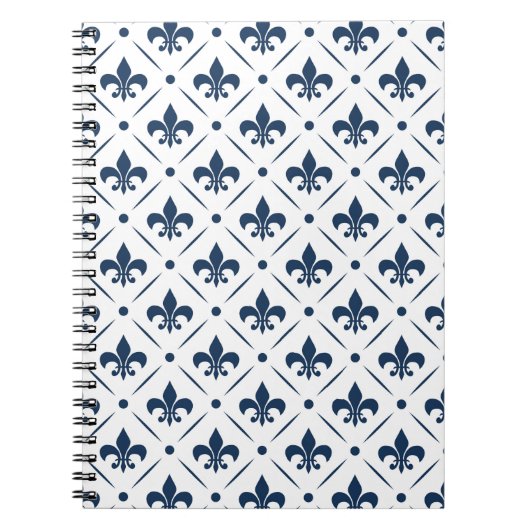 Donkerblauw Fleur De Lis patroon op witte achtergr Notitieboek (Voorkant)