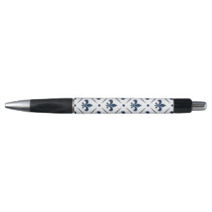 Donkerblauw Fleur De Lis patroon op witte achtergr Pen