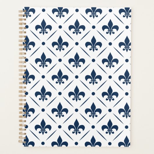 Donkerblauw Fleur De Lis patroon op witte achtergr Planner (Voorkant)