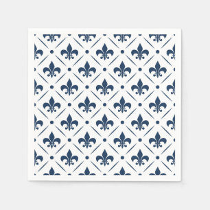 Donkerblauw Fleur De Lis patroon op witte achtergr Servet