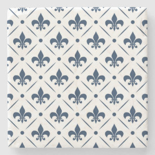 Donkerblauw Fleur De Lis patroon op witte achtergr Stenen Onderzetter