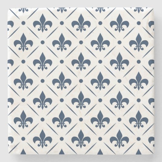 Donkerblauw Fleur De Lis patroon op witte achtergr Stenen Onderzetter (Voorkant)