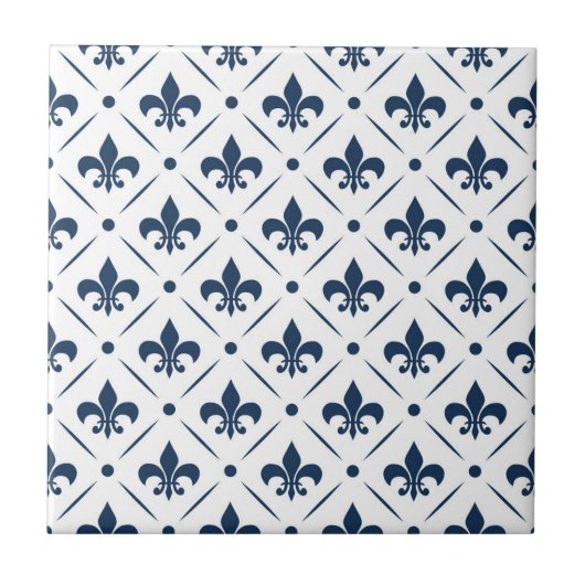 Donkerblauw Fleur De Lis patroon op witte achtergr Tegeltje (Voorkant)