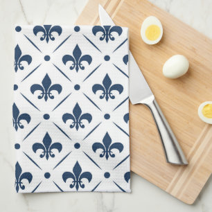 Donkerblauw Fleur De Lis patroon op witte achtergr Theedoek