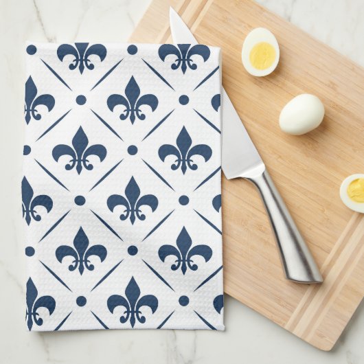 Donkerblauw Fleur De Lis patroon op witte achtergr Theedoek (Quarter Fold)