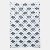 Donkerblauw Fleur De Lis patroon op witte achtergr Theedoek (Verticaal)