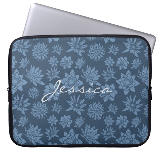  donkerblauw Floral Patroon Laptop Sleeve (Voorkant)