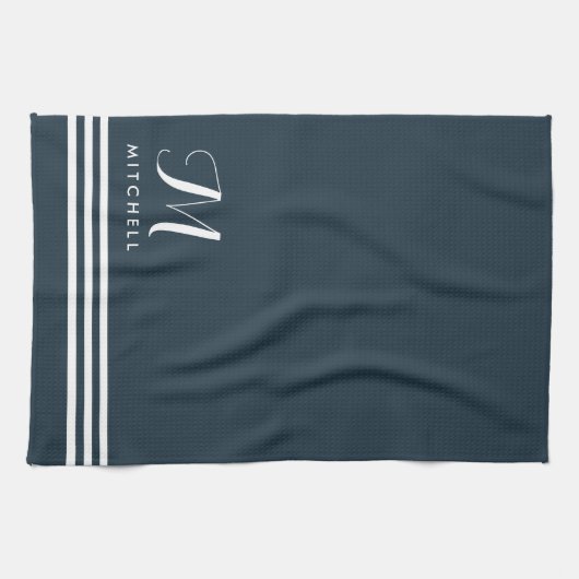 Donkerblauw geavanceerde strips en monogram theedoek (Horizontaal)