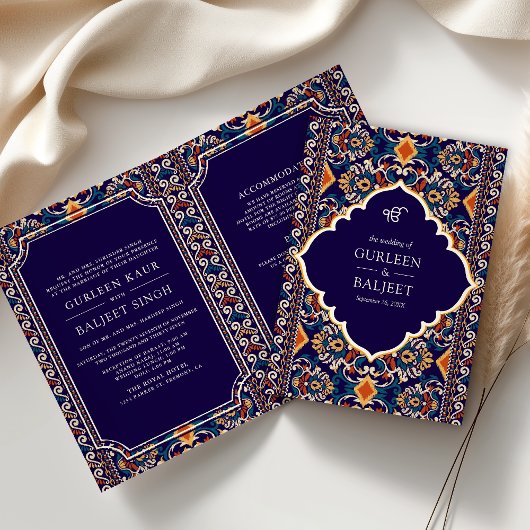 Donkerblauw Geel Ikat All in One Sikh Huwelijk