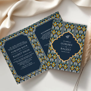 Donkerblauw Geel Ikat All in One Sikh Huwelijk
