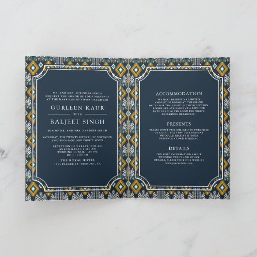 Donkerblauw geel Ikat All in One Sikh Wedding (Binnen)